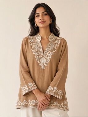 Soft Surroundings Tan Ivory Floral Embroidered Linen Top Blouse Womens Large